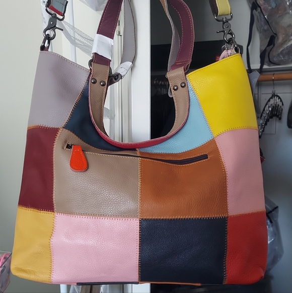 AMERICAN LEATHER STUNNING Colorful Patchwork Studded Tote Bag and Pouch NWT - Picture 3 of 6